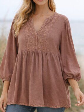 Solitaire Dusty Cedar Embroidered Babydoll Tunic Boho Peasant Flowy 1X